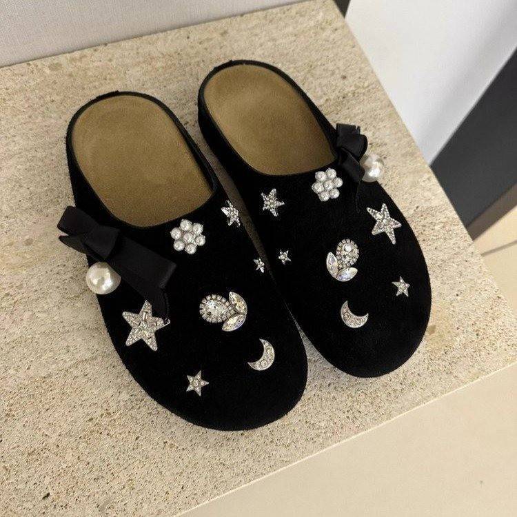Star Rhinestone Bow Thick-bottomed Bag Head Half Slippers Autumn and Winter New Fashionable Versatile Height Increase