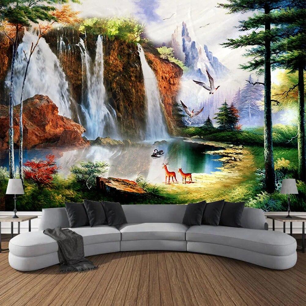 Dream Forest Cabin Oil Painting Wall Art Large Tapestry Mural Decoration Curtain Bedroom Living Room Home Decoration