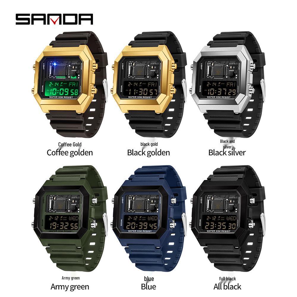 SANDA Dual-Time Multifunction Student Sports Watch - Square, Waterproof, Electronic