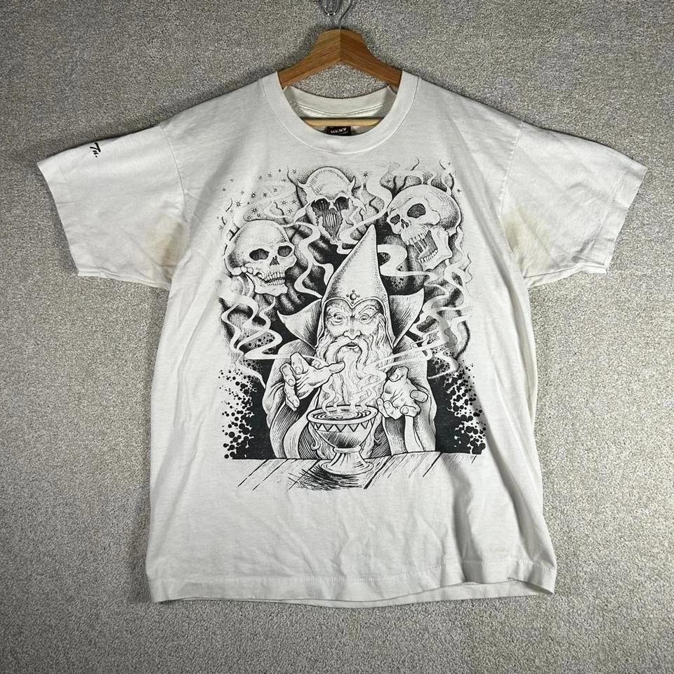 Vintage 90s single stitch Wizard skulls big print graphic tee shirt tshirt