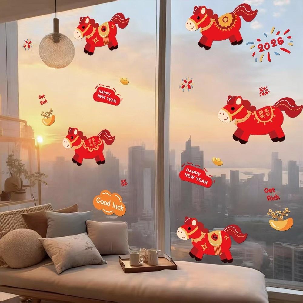 Red New Year Window Stickers Large Size Waterproof Glass Electrostatic Film Transparent Funny 2026 Horse Year Stickers