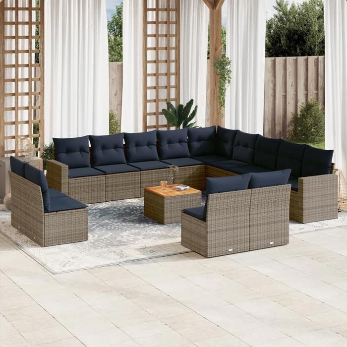 VidaXL Salon de Jardin avec Coussins 14 pcs, Canapés de Patio, Ensemble de Meubles, Mobilier de Terrasse Exterieur, Gris 3256712