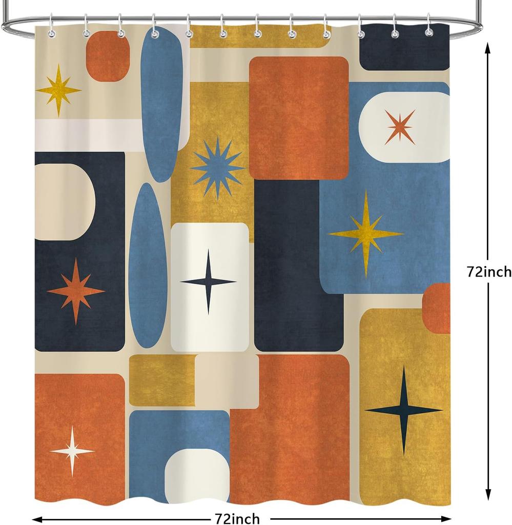 Mid Century Modern Shower Curtain, Abstract Geometric Aesthetic Art Decor, Retro Minimalist Waterproof Washable