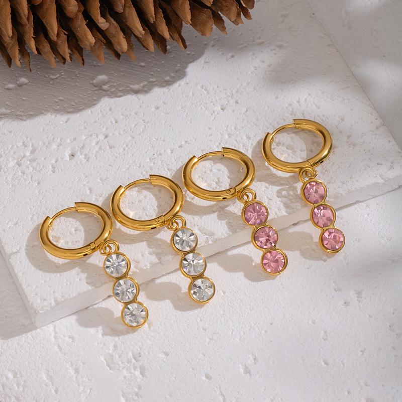 Stainless Steel Geometric Hoop Earrings Women White Pink Short Row Zircon Earrings Buckle Exquisite Anti-Allergy Banquet Jewelry