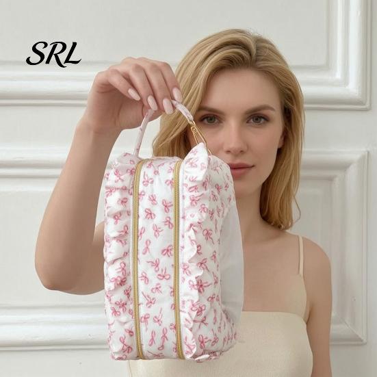 Portable Baby Wipe Dispenser Quilted Diaper Wipes Bag with Hanging Strap, Dual Compartment Zipper Plaid Ruffle Storage Pouch Bag, Large Capacity
