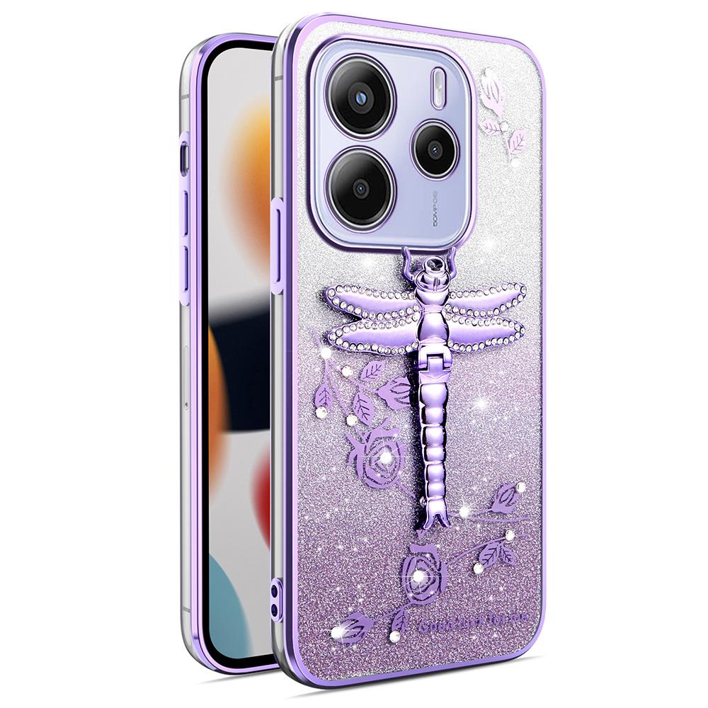 KADEM Für Xiaomi Redmi Note 14 4G (163,25 mm) Hülle Dragonfly Ständer TPU Blumen Glitzer Handyhülle