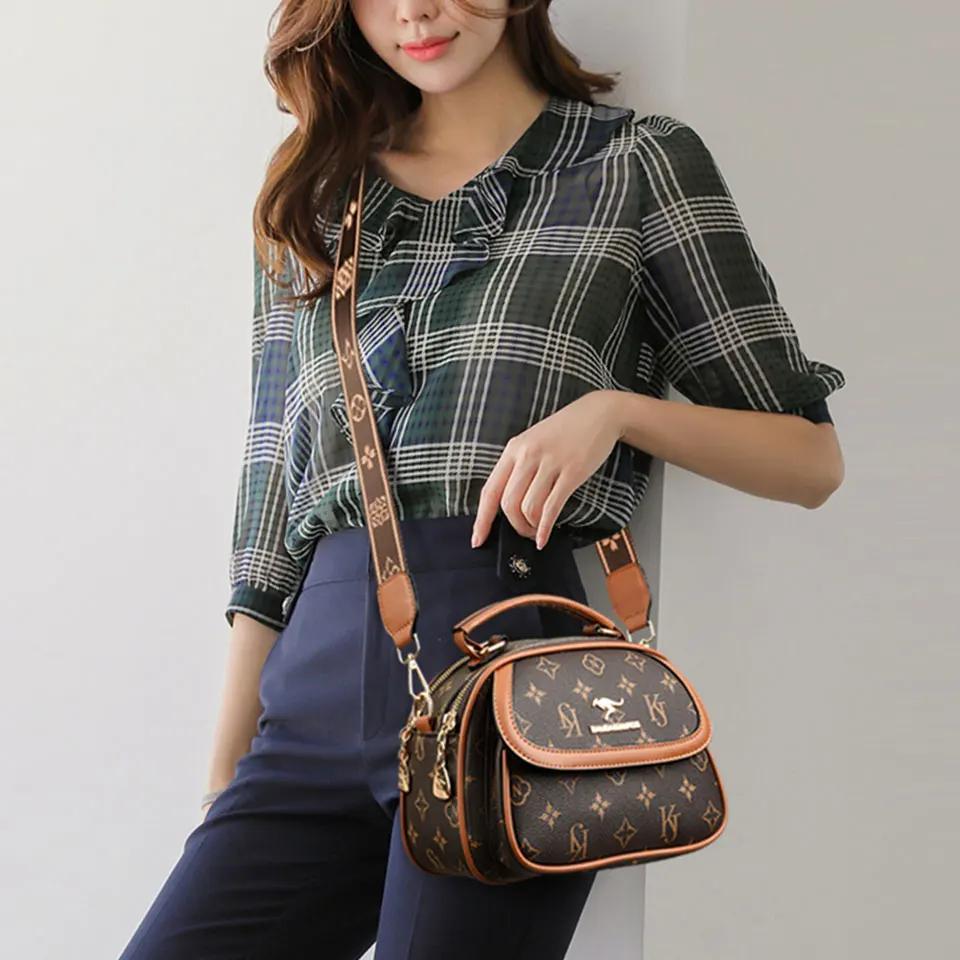 Women's Small Crossbody Tote Bag with  Pattern Two Compartment Handbag Kangaroo Logo Brown and   Designer Shoulder Bag