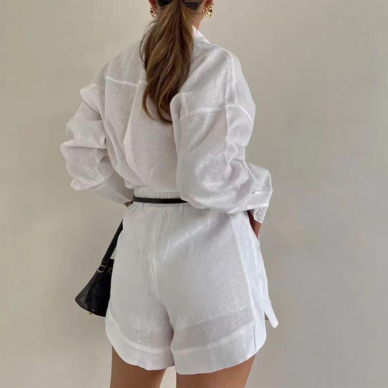 Fashion Loose Casual Long Sleeve Short 2 Piece for Women Lapel Shirt High Waist Shorts Suit  Spring Highstreet Lady Outfit