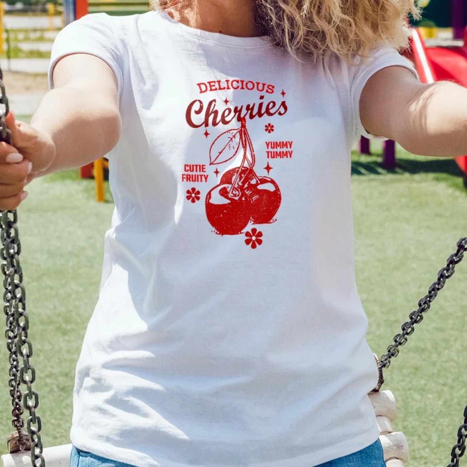 Casual White Delicious Cherries Print Spring Summer 2025 New Fashion Trend Women T Shirt S