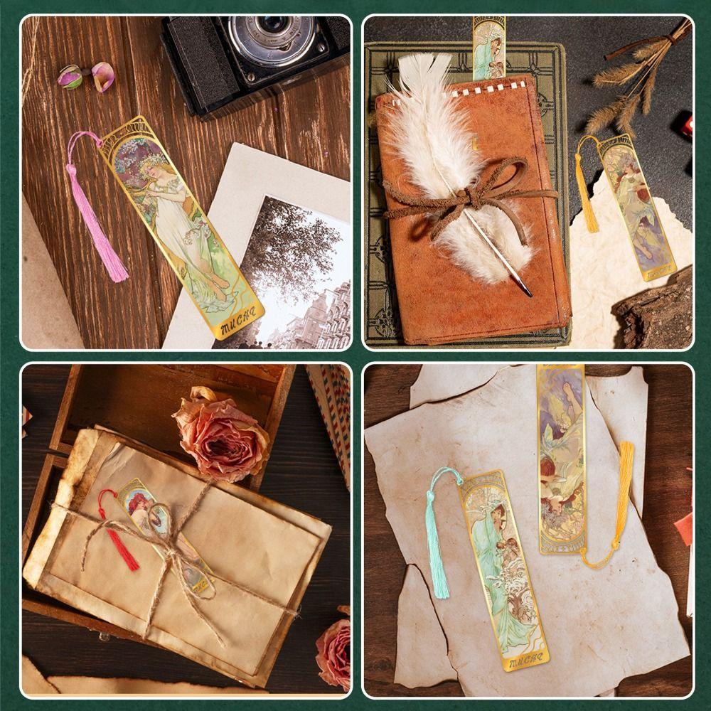 Mucha Retro Stil Quaste Metall Lesezeichen Ästhetische Lese Buch Büroklammer Buchliebhaber