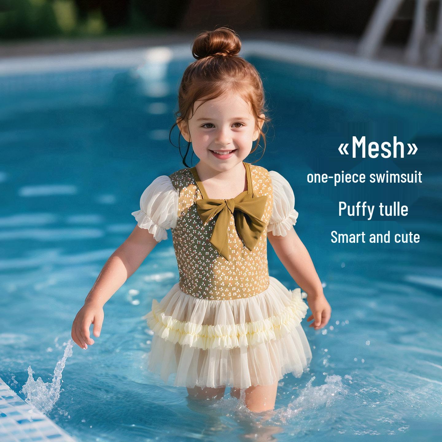 

Tongbei 2025 Summer Girls Mesh Puff Sleeve One-Piece Swimsuit 130
