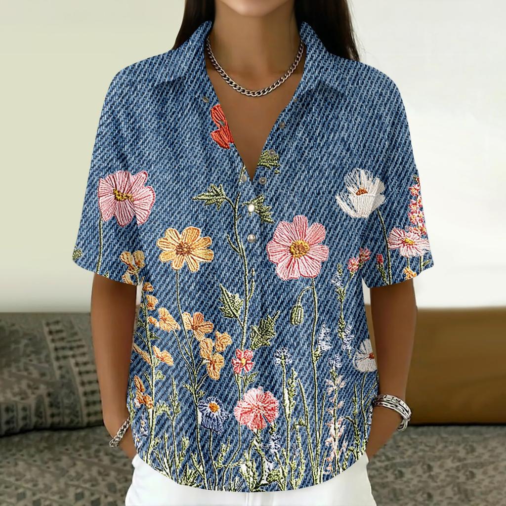 Women Vintage Floral Print Short Sleeve Shirt Loose Fit Button Down Collar Top Casual Linen Cotton Blend Blouse