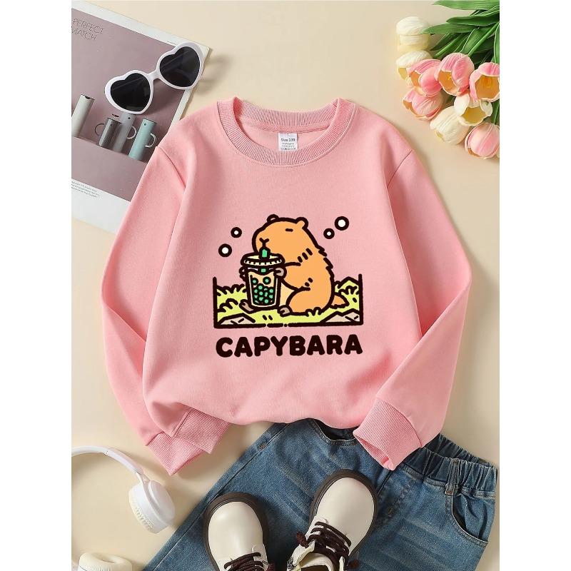 European sizes Kids' Crewneck Sweatshirt - Capybara Holding Bubble Tea , Sportswear And Casual Wear, Soft And Comfortable, Children's Clothing