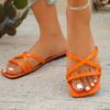 Flat  Women Sandals Summer New Ladies Square Toe Solid Color Cross Strap Fashionable Casual Women's Beach Sandals