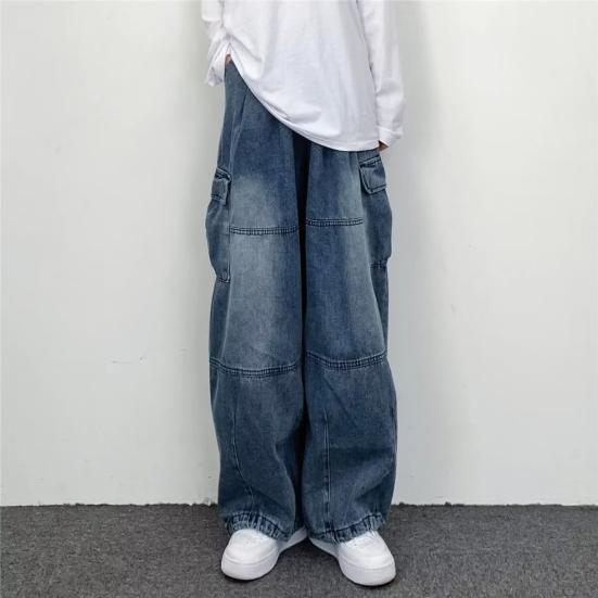 Pánské volné cargo džíny s mnoha kapsami, jednobarevné, zapínání na zip, volné, rovné, široké nohavice, podzimní džínové kalhoty, streetwear