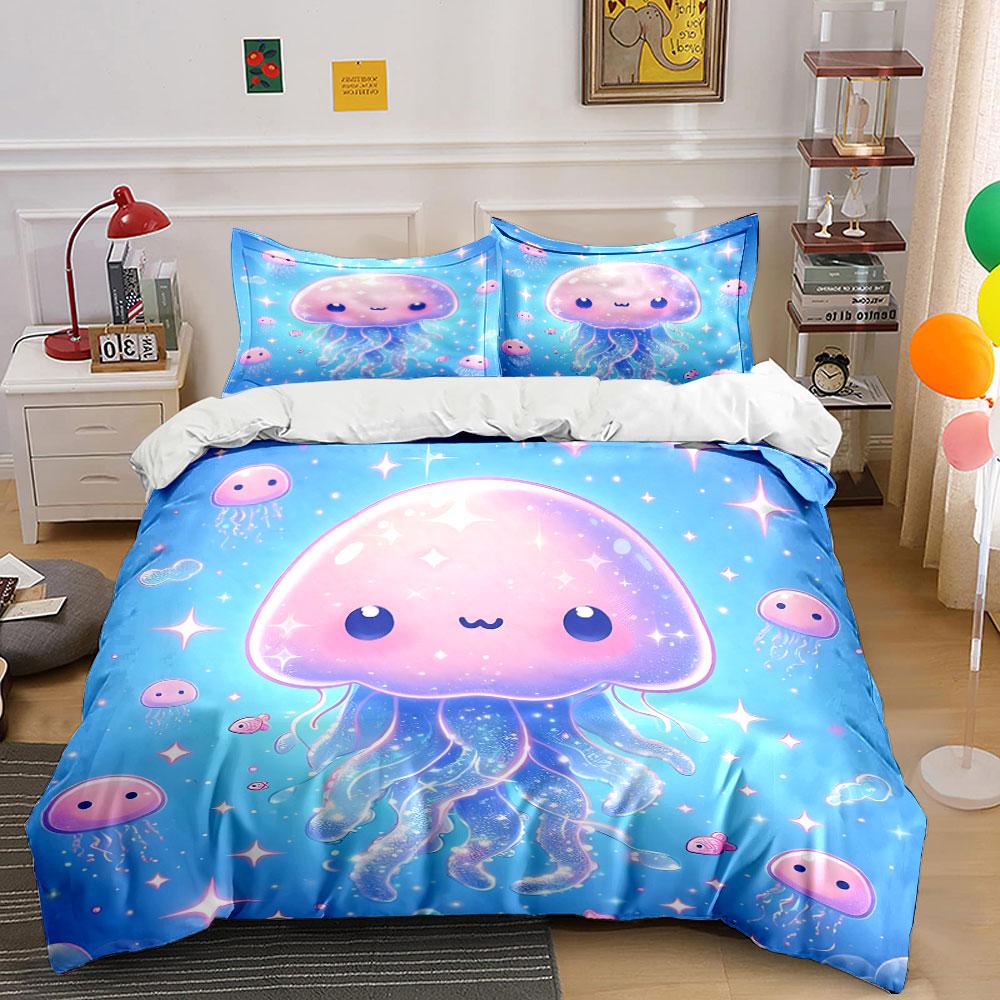 Cute Pink Jellyfish with Sparkles Bedding Set for Kids Luxury Gift 3pcs Digital Print Comforter Set Soft Comfortable Breathable