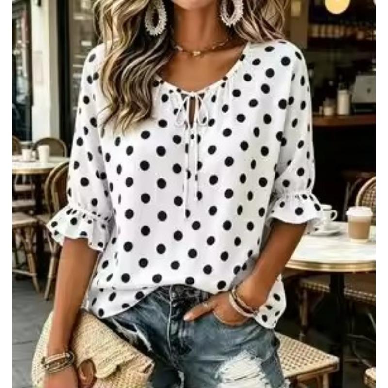 Women's Tie Keyhole Neck Blouse, White Base Tiny Pink Ditsy Floral Scroll Print, Loose Fit for Spring Summer Daily Outfits