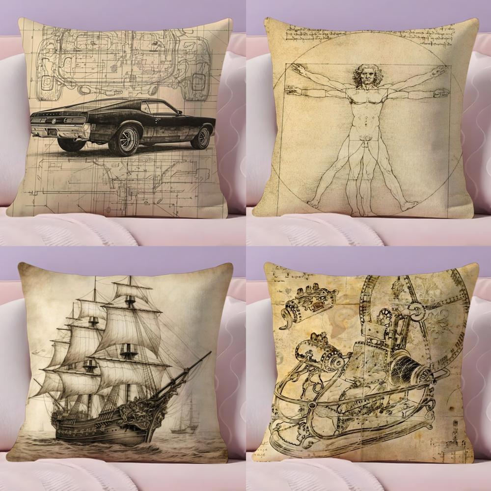 Da Vinci Inspired Sketches Cushion Cover Plush Fabric Soft Double-Sided Printed Sofa Warm Winter Home Gift Pillow Cover