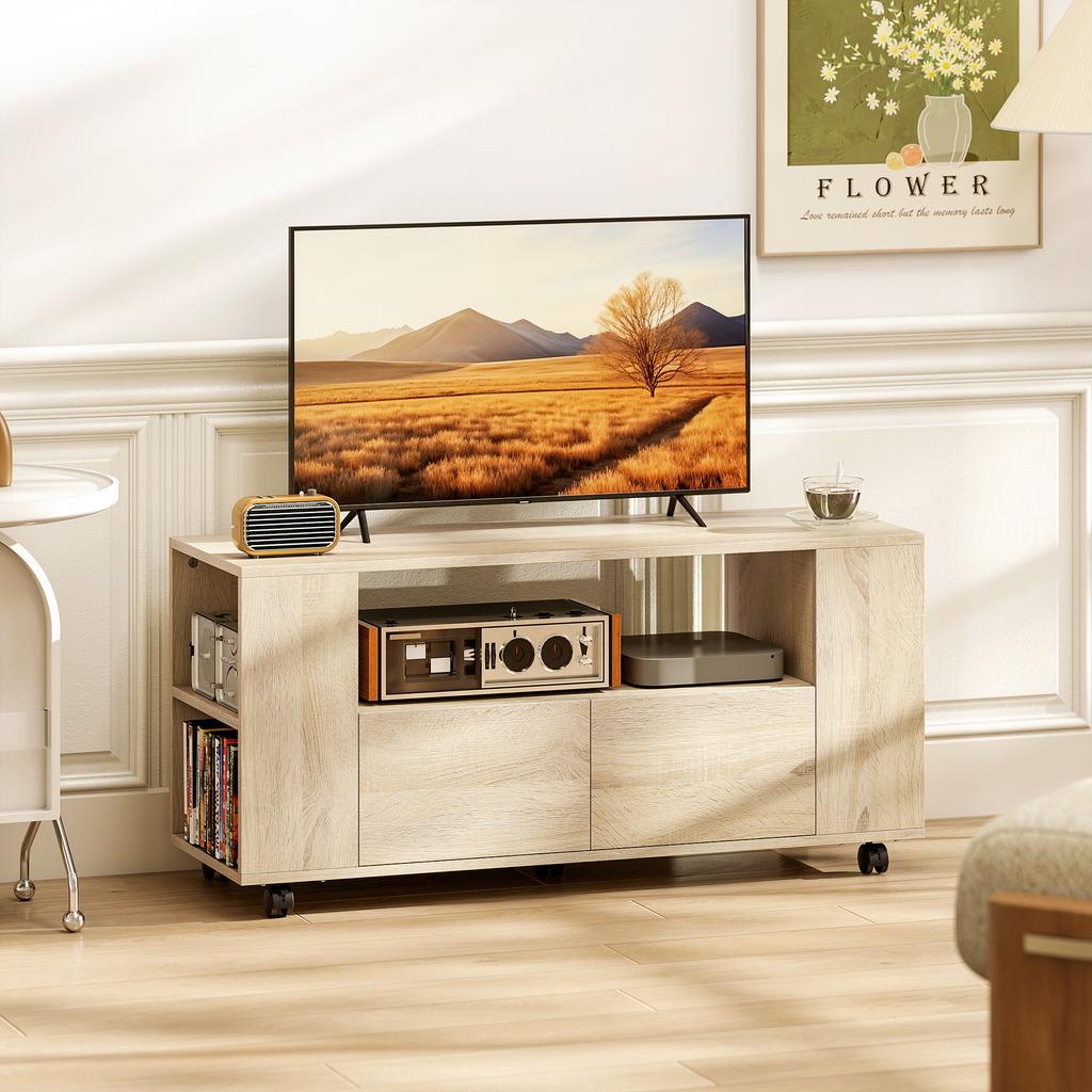 Rolling TV Stand 102 Cm TV Cabinet For TVs Up To 42 Inches 2 Drawers Open Compartments Natural