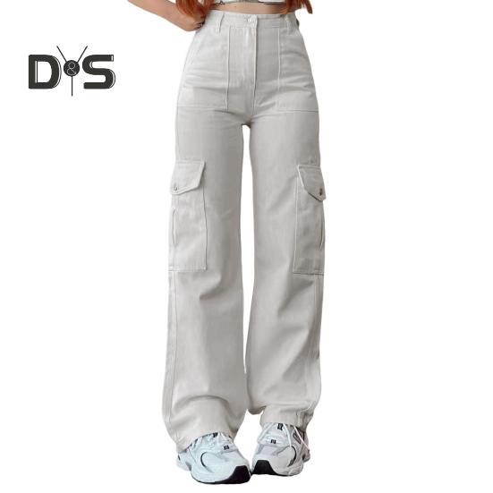 Women Cargo Pants Mid-rise Button Zipper Waist Casual Trousers with Multi Pockets Straight Leg Loose Fit Solid Color Long Pants
