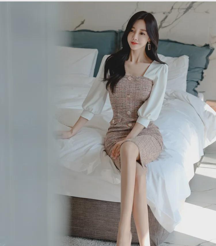 Elegant Korean Style Chiffon Splice Square Collar Dress for Professional Women