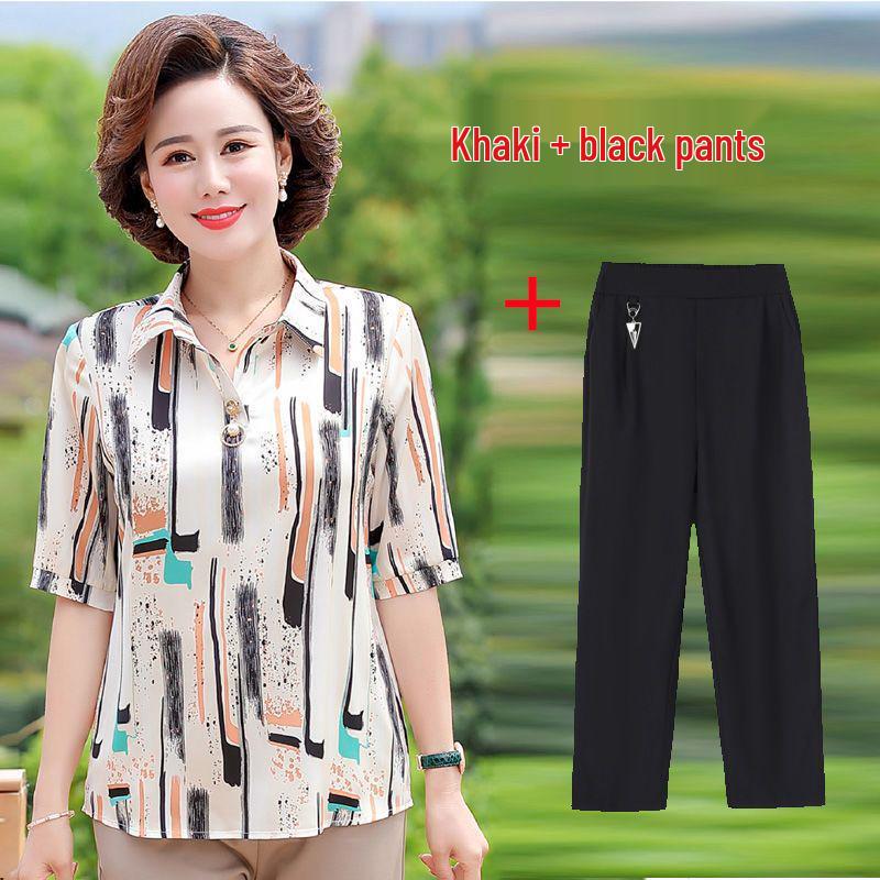 Sommer-Kurzarmhemd & Top Zweiteiliges Set für Frauen mittleren Alters