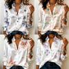 Dames Satin Witte Basis Fris Aquarel Bloemenprint Blouse Lange Mouwen Kraag Knopen Blouse Elegant Kantoor Casual Dames Meerkleurig Top