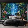 Forest Waterfall Tapestry, Lush Jungle With Colorful Flowers, Nature Scenery Wall Art For Living Room Bedroom