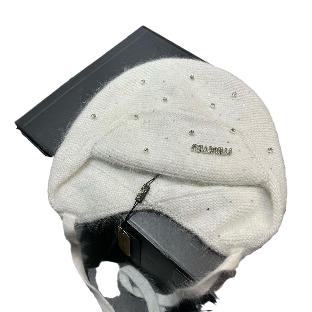 Light Luxury Rhinestone Min Rabbit Hair Knitted Hat Winter Outdoor Double-Layer Thermal Ear Protection Hat Celebrity Style Bag Head Hat