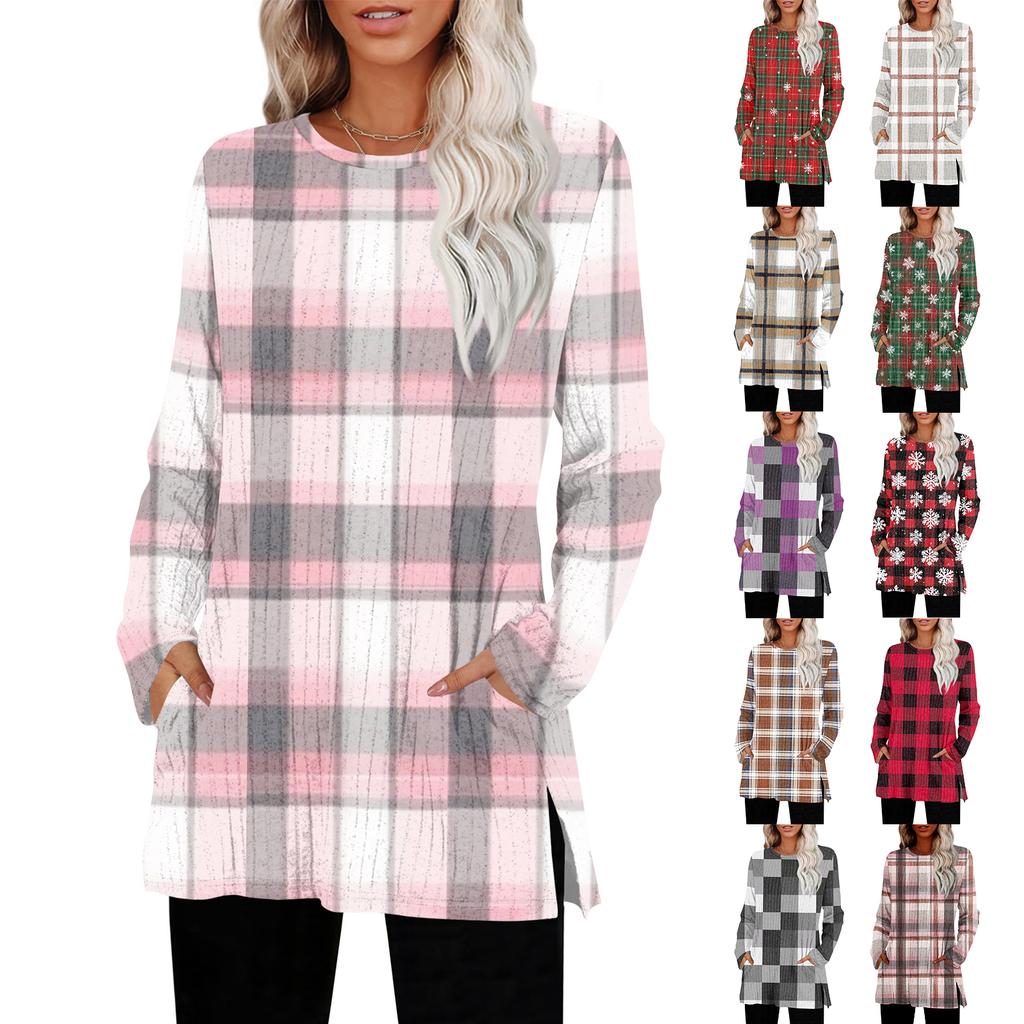 Women's Checkered Printed Round-neck Long-sleeved Top With Pockets And Side Slits