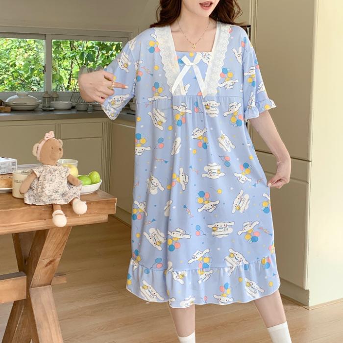 

Casual and loose first batch of summer short-sleeved skirts average size lace milk silk skirt imitation cotton nightdress women s home One size fits all