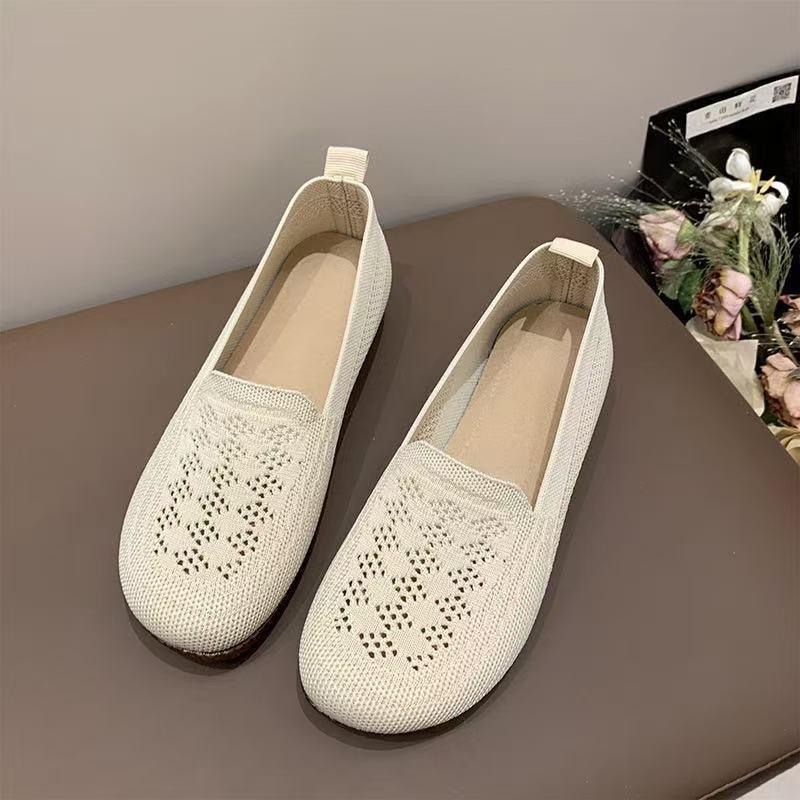 Women s Breathable Knit Flat Shoes Hollow Out Slip-on Casual Soft Sole Walking Shoes 36