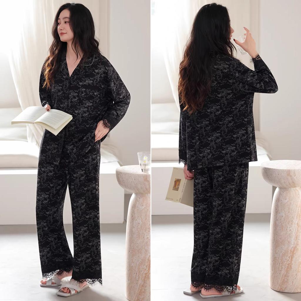 Pajamas women's spring and autumn models, pure cotton long-sleeved high-end women's autumn can wear cotton large-size loungewear set