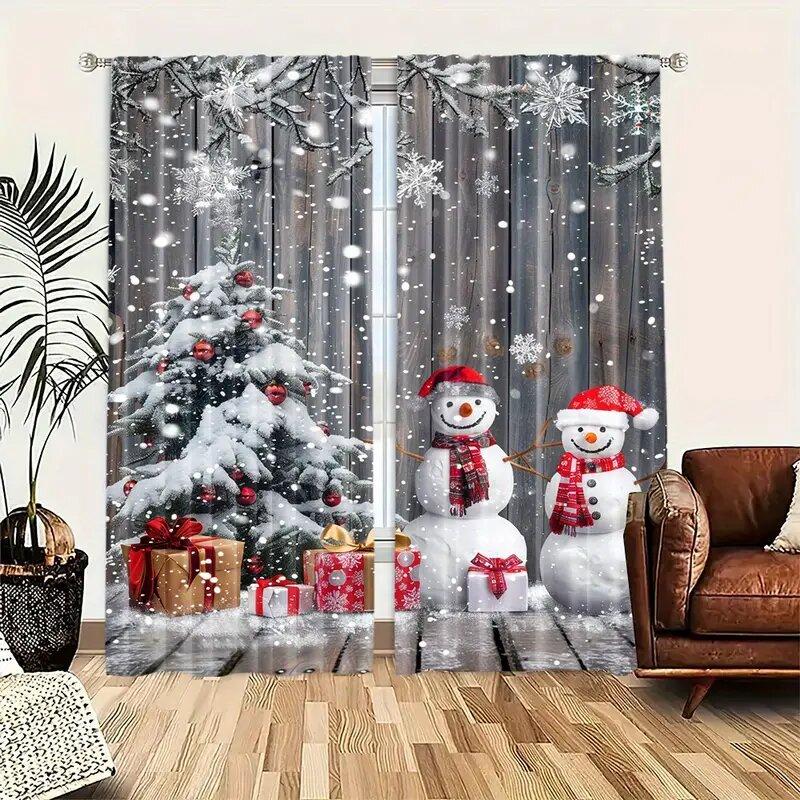 Christmas Snowman Gift Snowflake Pattern Printed Curtains Home Decoration Room Curtain Set Of 2 Made Polyester Washable