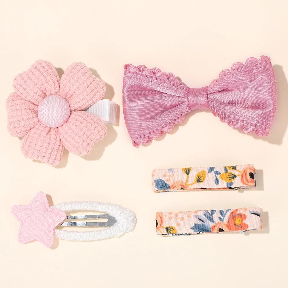 5Pcs/Set Colorful Floral Bow Hairclips For Children Girls Lovely Princess Hairpin Barrette Bang Side Clip Hair Accessories Quality