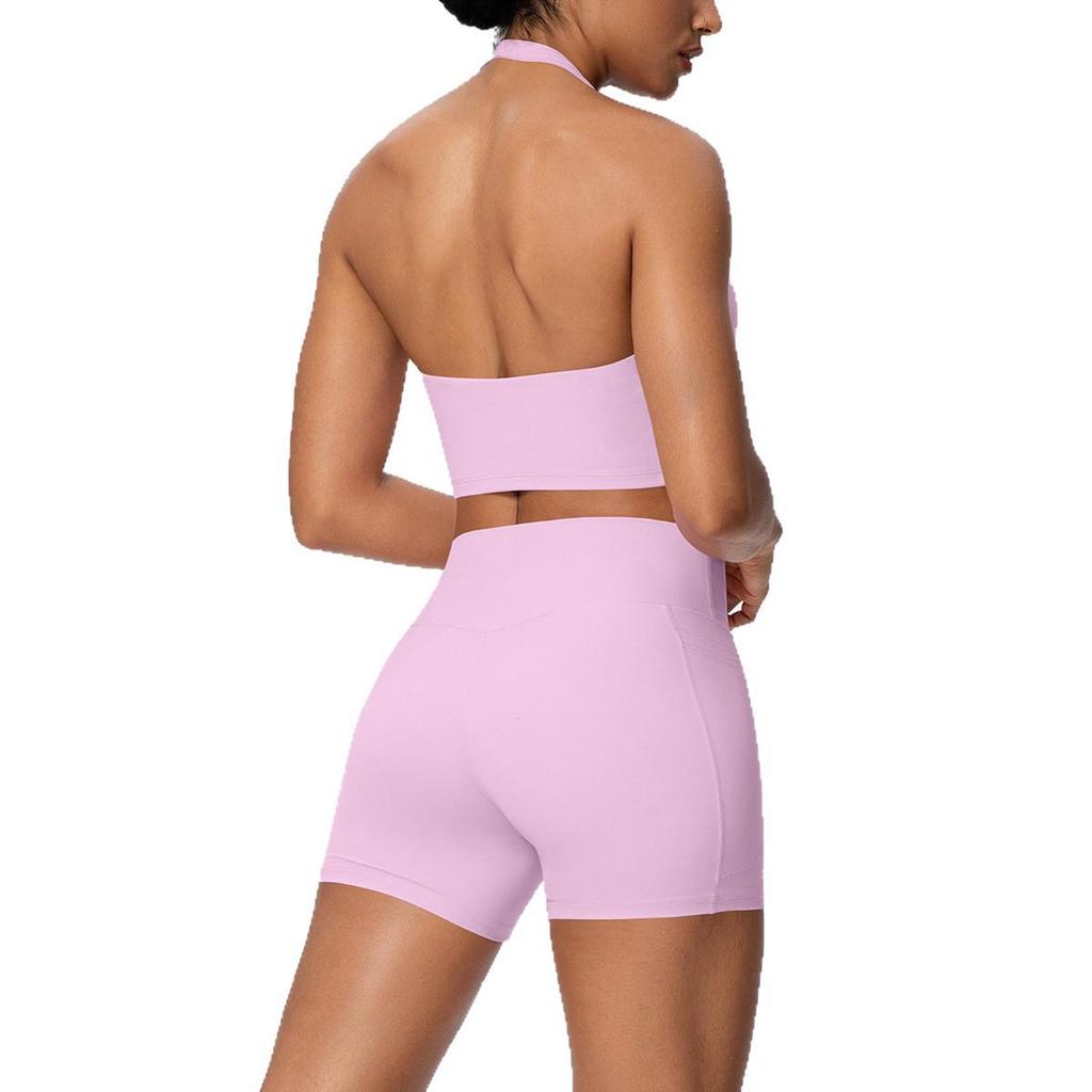 Cross-Border Halter Sports Vest & High-Waist Pocket Yoga Shorts Set