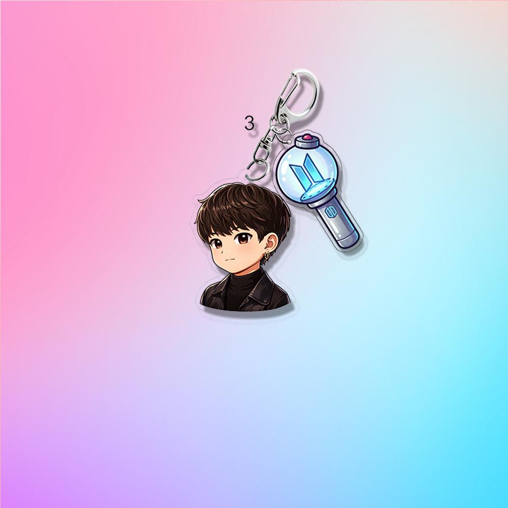 BTS Anime Cartoon & ARMY Bomb Double Acrylic Keychain, Bangtan Boys Cartoon Figure + Lightstick Charm Keyring, Kpop ARMY Fans Bag Pendant
