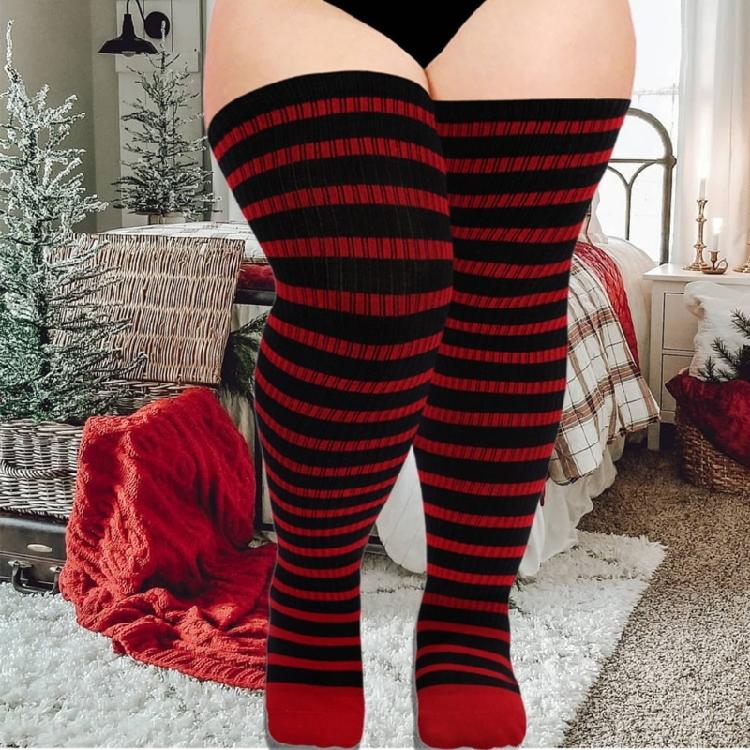 Halloween Weihnachten Gestreifte Gestrickte Oberschenkelhohe Socken für Damen Dicke Oberschenkel Überknielange Strümpfe Super Elastische Strumpfwaren