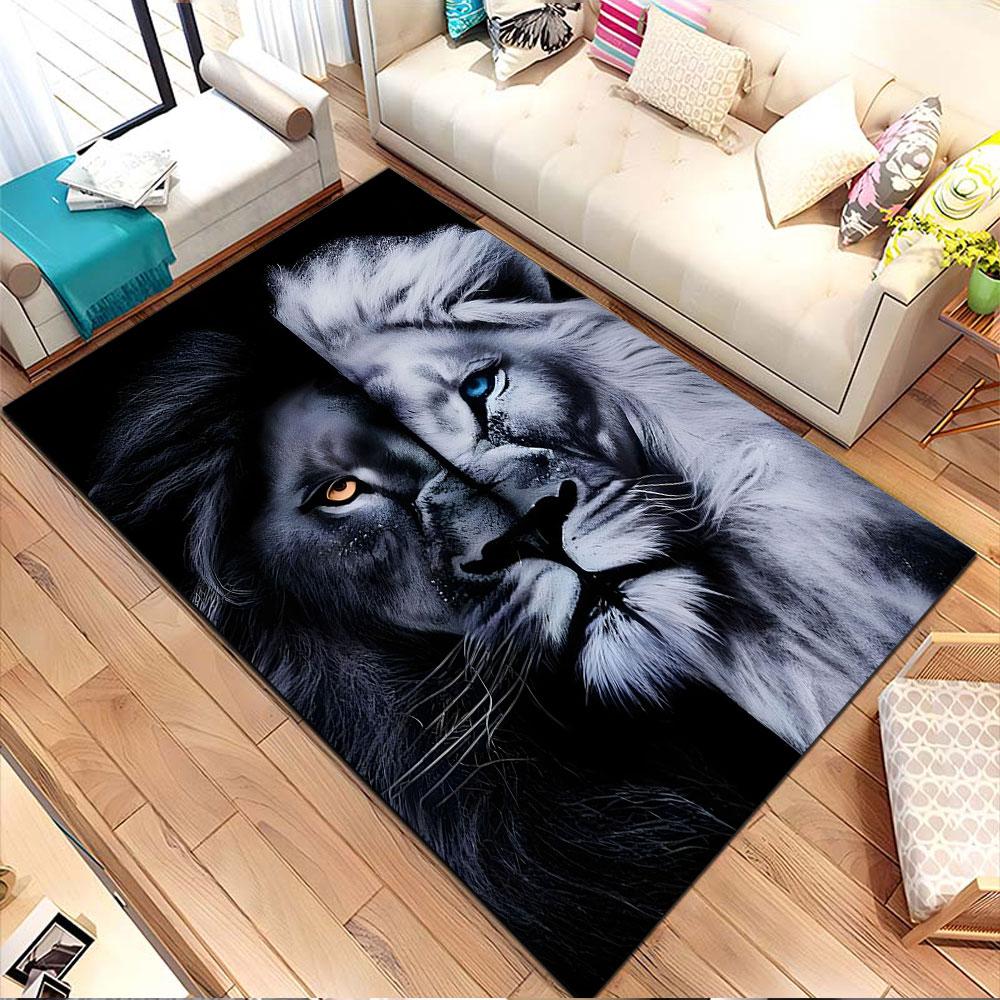 Dual Tone Lion Portrait Rug Patterned Carpet, Non Slip Mat Suitable for Living Room and Bedroom Sofas