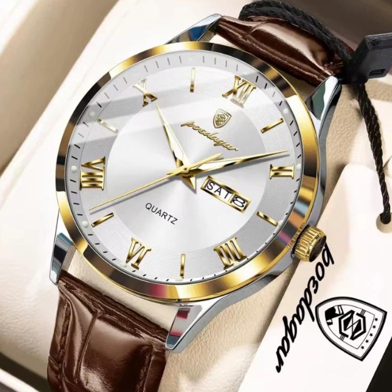 POEDAGAR Luxury Fashion Watch for Man Leather Date Week Casual Quartz Clock Waterproof Luminous Business Watches Reloj