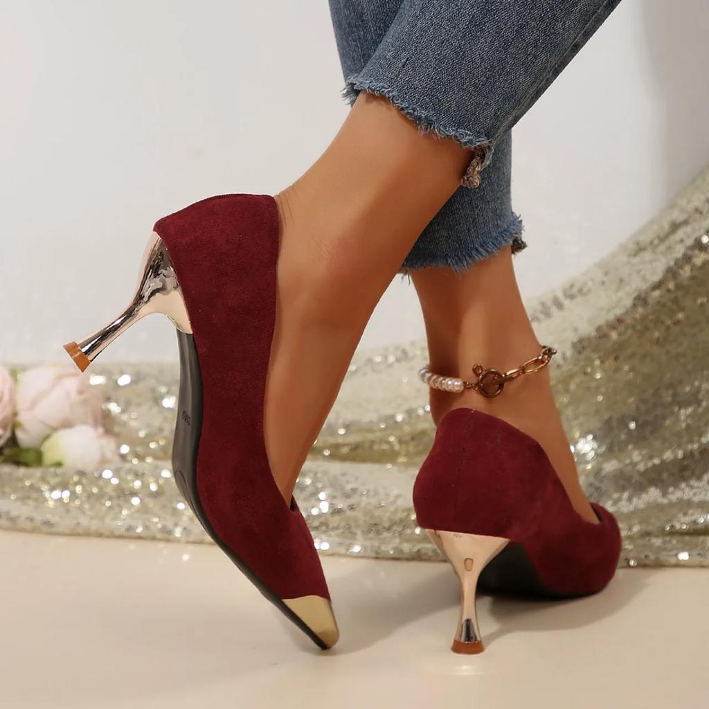 Fashion Women 7cm High Heels Burgundy Pumps Lady Metal Cap Toe Velvet Low Heels Fetish Nightclub Evening Party Office Casual Shoes