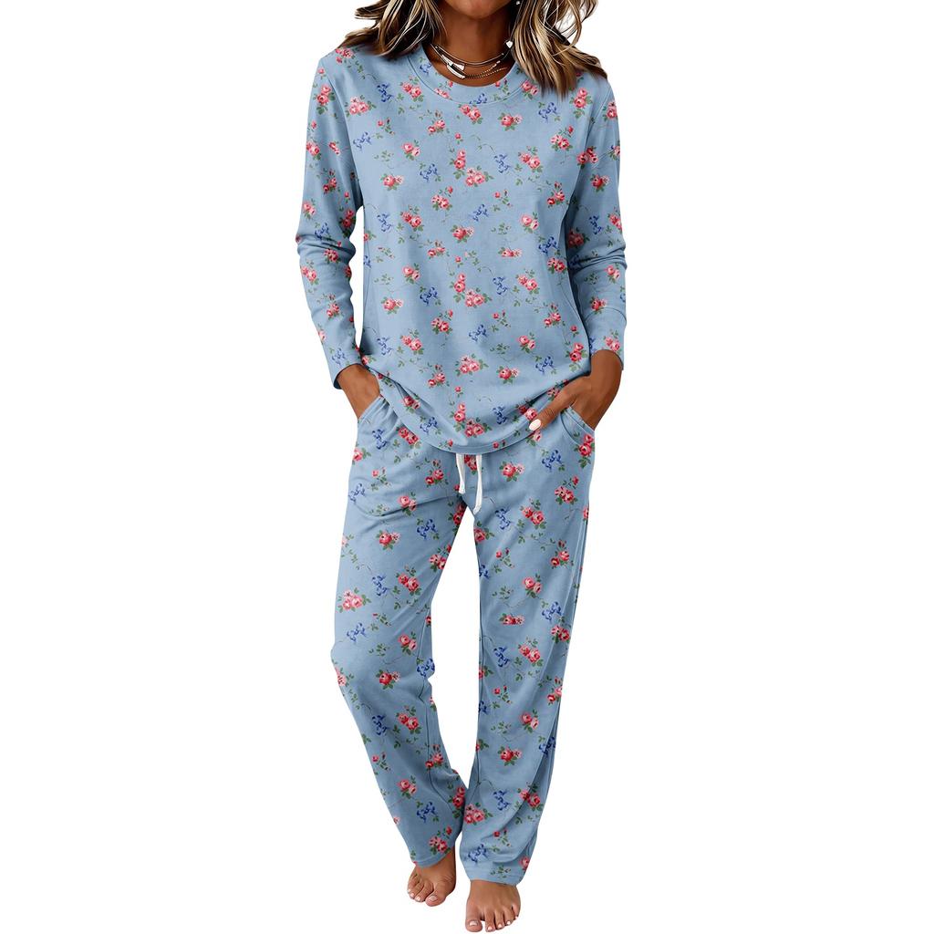 Set Pigiama da Donna a Manica Lunga con Scollo Rotondo, Coulisse e Gamba Larga per Uso Casual e da Notte