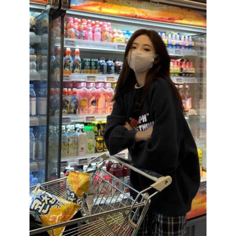 Frühling Herbst Rundhals Druck Sweatshirt Damen Vintage Locker Lässig Streetstyle Alleskönner Pullover Top