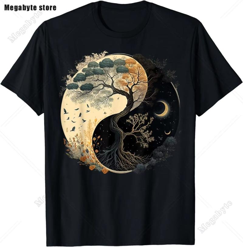 Classic Tree of Life Yin Yang Design T-Shirt Man's T-shirt Leisure T Shirt Kawaii Men Clothing Cotton Beach Short Sleeve