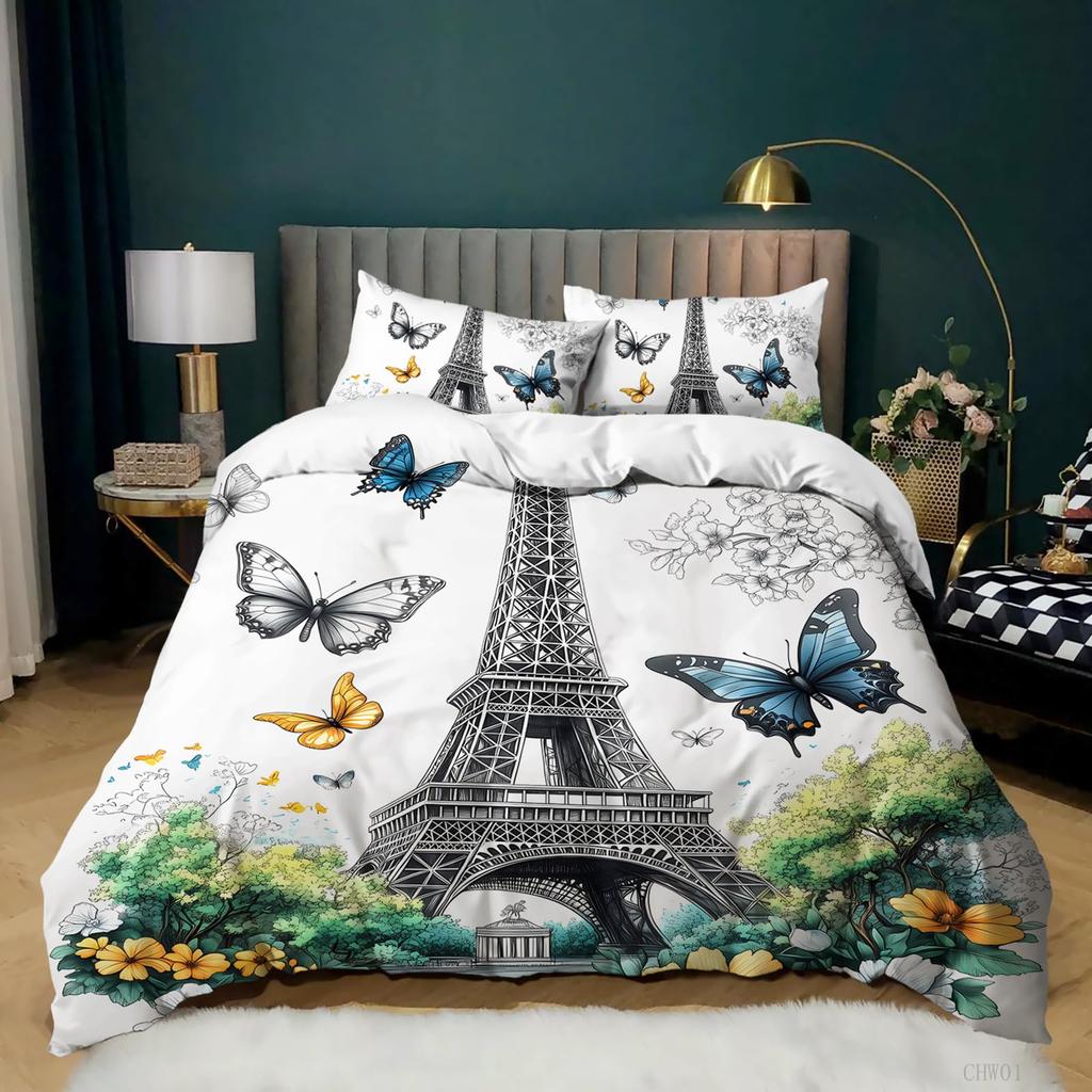 Comforter Romantic Eiffel Tower Microfiber Floral Bedding Set Paris Cityscape Twin Comforter For Girls Teen Adult Room