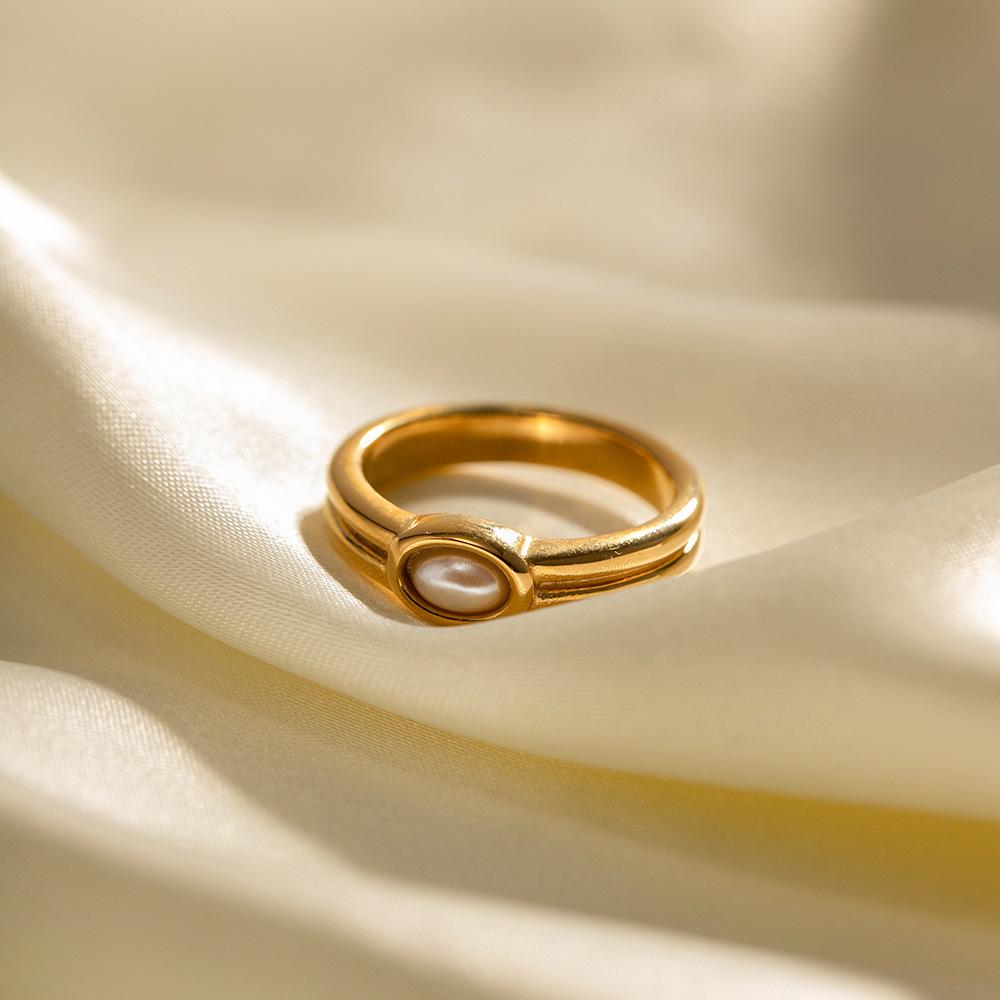 European and American Ins Style Double-layer 18k Gold Stainless Steel Inlaid Pearl Ring Does Not Fade Versatile Stainless Steel Ring