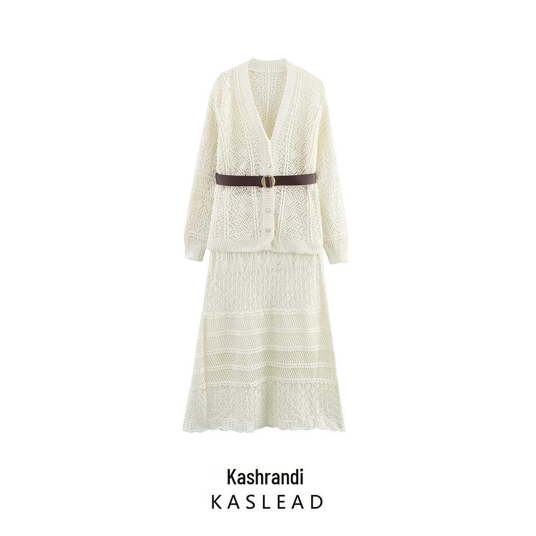 

2025 Spring Women s European & American Fashion Knit Top & Belted Skirt Set L брудно-білий