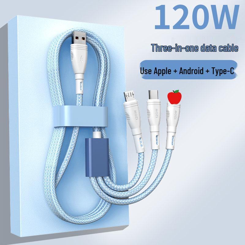 Braided 120W Super Fast Charging 3-in-1 Data Cable for Android, Apple, Huawei, Type-C Flash Charging