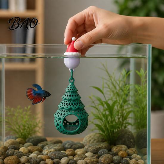 Festive Underwater Landscape Decor Christmas Tree Aquarium Floating Hideout Ornament, Fish Shrimp Cave Shelter with Ornament for Holiday Season Santa