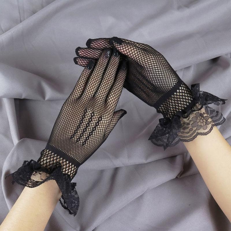 Elegant Women Ultra-Thin Summer Driving Cycling White Black Sunscreen Gloves Female Anti-UV Elasticity Lace Mesh Gloves